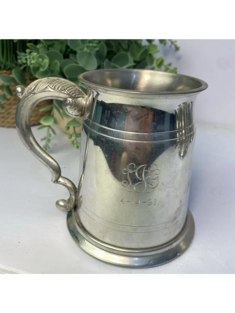 Set Of 5 Vintage Sheffield English Pewter Glass Bottom Tankard Mugs Monogrammed